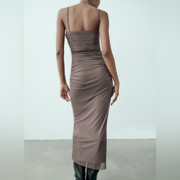 Zara NWT Tulle draped midi ruched spaghetti strap corset dress - Picture 4 of 8